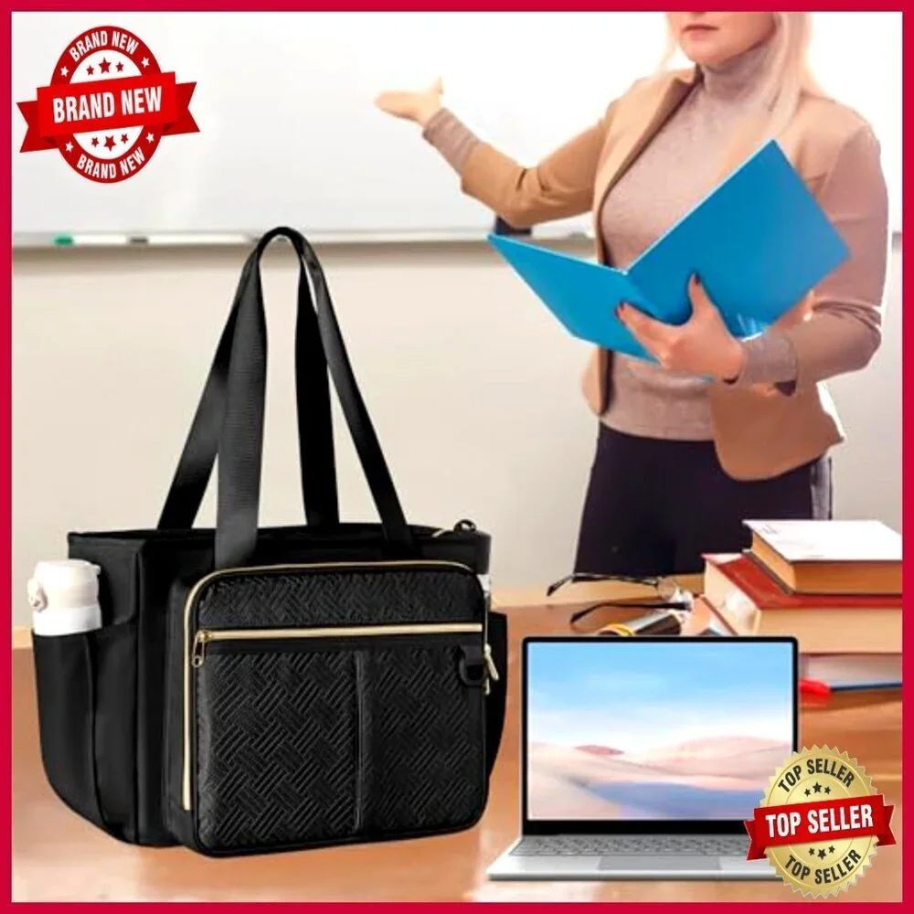 Large Teacher Tote Bag with File Organizer Pockets, Laptop Sleeve, Nylon